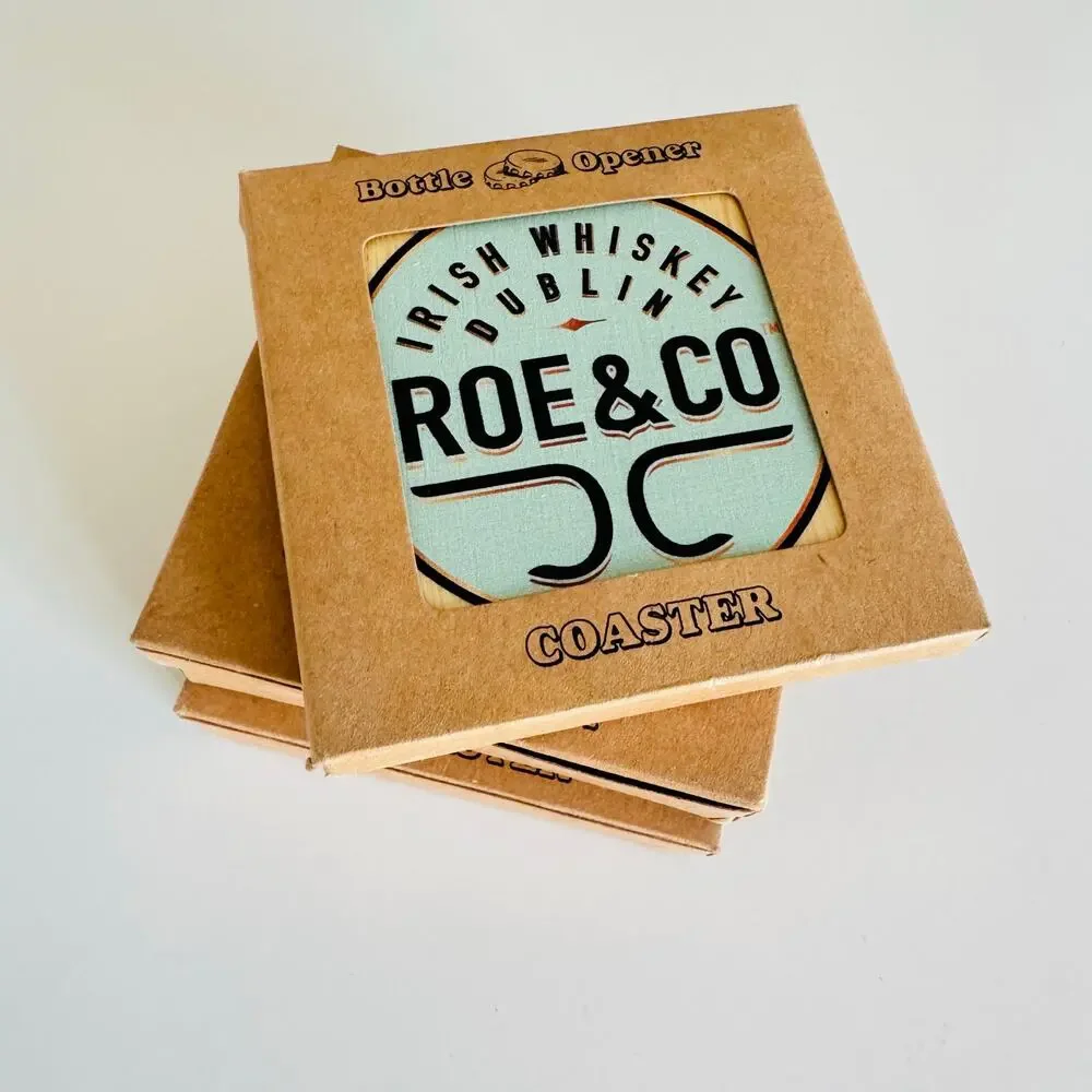 5 NEW ROSE CO Raw Wood Tan Beige Square Coaster Silver Steel Bottle Opener Set